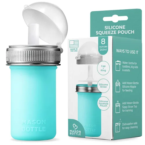 Vista 8 de Mason Bottle Biberón de silicona de 8 onzas con pezón de flujo medio (3 meses o más), biberón de lactancia, bolsa de silicona reutilizable