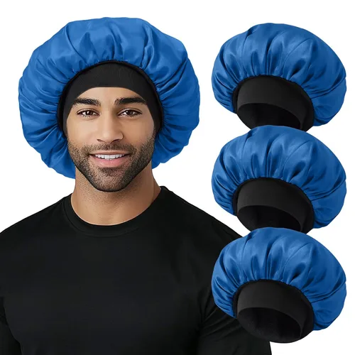 Vista 8 de Gorro para hombre, gorro de doble capa para dormir, gorro de dormir ajustable con banda elástica, gorros de satén de seda para trenzas de cabello