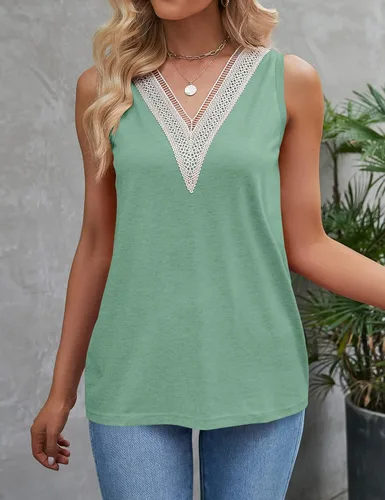 Vista 3 de TECREW Camiseta sin mangas con cuello en V y ribete de encaje para mujer, blusa holgada de verano
