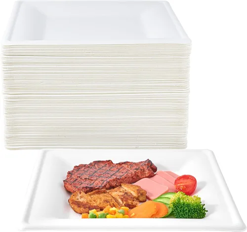 Vista 8 de ECOLipak Paquete de 100 platos cuadrados compostables, platos de papel desechables de 10 pulgadas hechos de caña de azúcar, ecológicos, resistentes