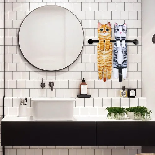 Vista 4 de Toallas de mano divertidas con forma de gato para baño y cocina, adorno de gato bonito y decorativo, toallas para la cara para colgar, para el Día