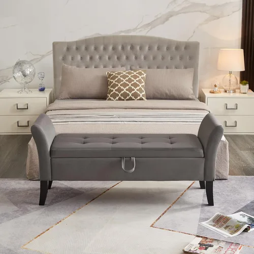 Vista 9 de 51.5" Velvet Storage Bench, Upholstered Button Tufted Design, Bedside Bench with Armrests, Secure Hinged Storage Space, Suitable for Bedroom Living
