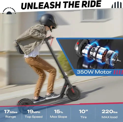 Vista 10 de Windone Electric Scooter for Adults, 430W Peak Motor, 19MPH & 17-Mile Range, Foldable Commuter Scooter with 10" Shock-Absorbing Tires & Dual Braking