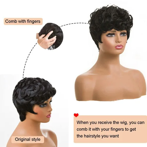Vista 6 de MOONSHOW - Pelucas cortas de corte Pixie para mujeres negras, peluca de corte Pixie marrón Short Pixie Wigs for Black Women Natural Layered Short