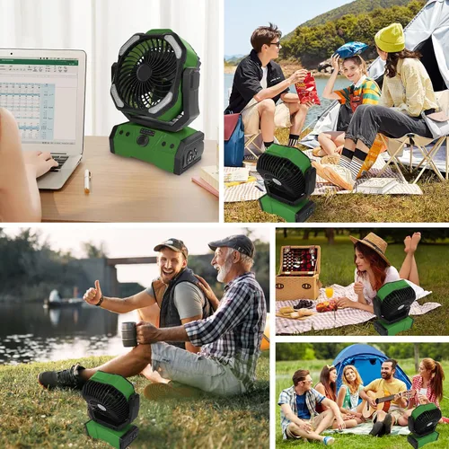 Vista 7 de ELZO Ventilador de campamento de 30000 mAh con luz LED, máximo 70 horas de trabajo, portátil inalámbrico, recargable, ventilador USB con gancho