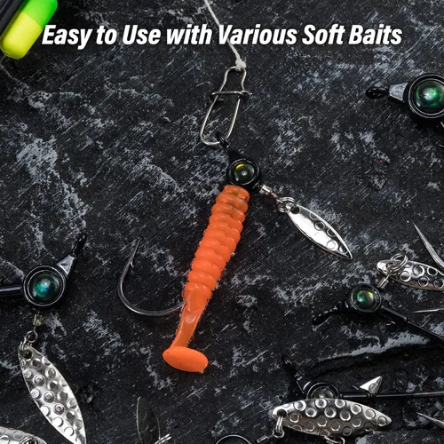 Vista 8 de Dr.Fish Paquete de 10 jigs Underspin Jigs Heads 3D Eye Freshwater Swimbait Jig Freshwater Bass Walleye Fishing Mustad Hooks Sauce Blade 1/8oz