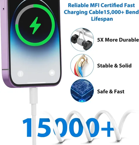 Vista 3 de Cargador de iPhone de 25 W, paquete de 2 adaptadores de carga rápida USB C de 25 W PD de pared con 2 cables tipo C a Lightning de 10 pies de largo