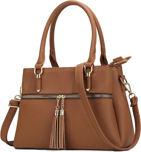 Vista 12 de KKXIU Bolsos tipo satchel para mujer con asa, bolsos de hombro y carteras con bolsillos y cremallera, bolsos cruzados de cuero