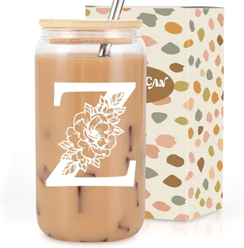 Vista 28 de Taza de Vidrio Inicial Coolife, Regalos Personalizados para Mujeres, Tazas de Vidrio de 16 oz con Tapas y Popotes, Taza para Café Helado, Licuado