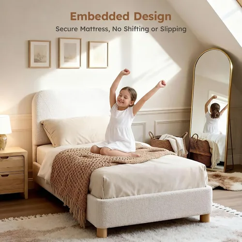 Vista 3 de Estructura de cama en forma de nube BERRY NEST, estructura de cama suave de bouclé con cabecero ajustable, patas de madera maciza, diseño