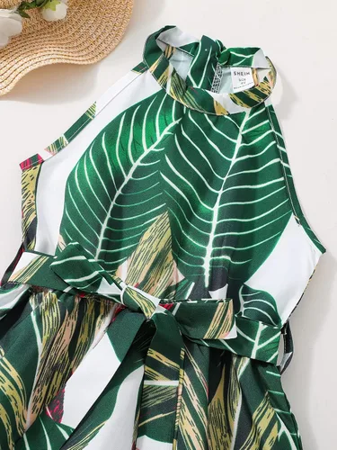 Vista 3 de SHENHE Vestidos cortos de corte A para niña con estampado tropical, halter sin mangas, lazo en la cintura