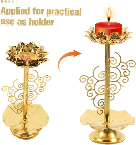 Vista 9 de Garneck 2 portavelas Diwali, portavelas budista Ghee, candelabro de aleación con base de loto, lámpara de flor de loto para oración/meditación (M)