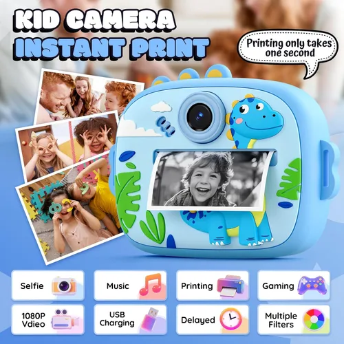 Vista 3 de Cámara de impresión instantánea para niños, cámara digital para niños con Dinosaurio azul