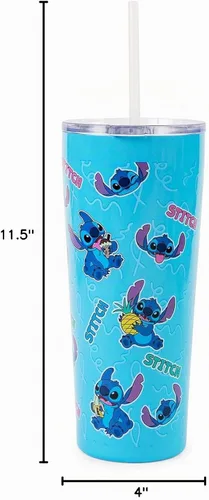 Vista 3 de Silver Buffalo Disney Lilo and Stitch Snacking and Expression - Vaso de acero inoxidable de doble pared con pajilla, 22 onzas