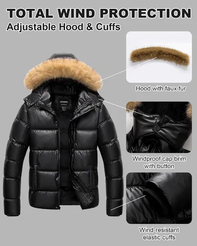 Vista 4 de Chaqueta acolchada para hombre, abrigo de invierno con capucha de piel, impermeable y resistente al viento, forro polar, 4 bolsillos