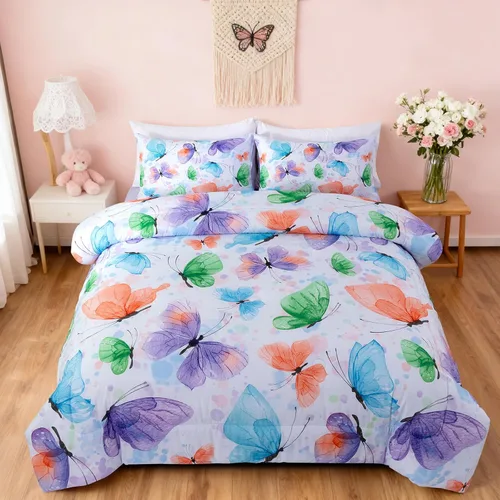 Vista 9 de Btargot Juego de edredón de 3 piezas con diseño de mariposas para niños, juego de cama con estampado de flores coloridas para mujeres y niñas