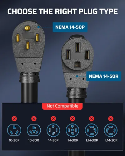 Vista 2 de DEWENWILS Cable de extensión EV RV de 50 amperios, 10 pies, NEMA 14-50P a 14-50R 6/3+8/1 cable de cobre, cable de alimentación EV resistente