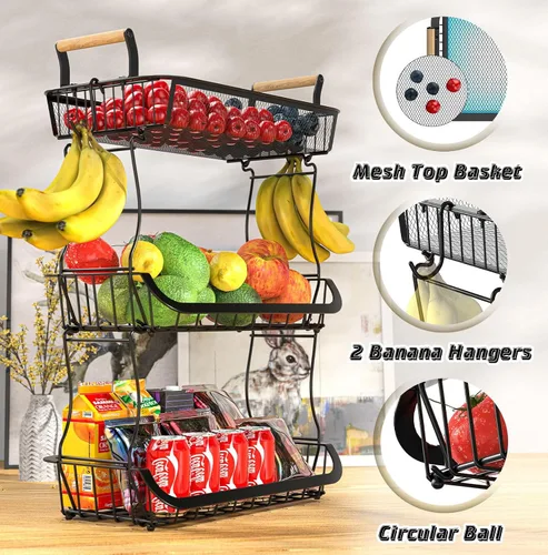 Vista 3 de Cesta de frutas de 3 niveles para encimera de cocina con 2 ganchos para plátanos, soporte grande para frutero, soporte de almacenamiento de frutas