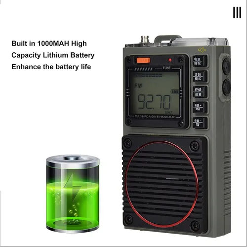 Vista 2 de Radio de banda completa, radio BT 5.0 multibanda, radio retro de bolsillo de batería de 1000 mAh, compatible con radio FM, AM mediana, onda corta SW