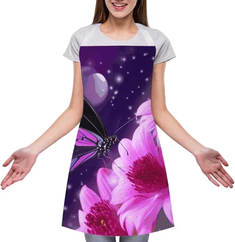 Vista 3 de MUSM Purple Butterfly And Flower Apron，Classic Vintage Funny with Pockets Aprons,Adjustable Bib Waterdrop Resistant for Kitchen Cooking Restaurant