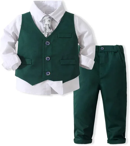 Vista 9 de Kimocat Ropa para bebé niño, traje de caballero esmoquin de manga larga con chaleco, traje de boda, traje de fiesta de cumpleaños Azul 3