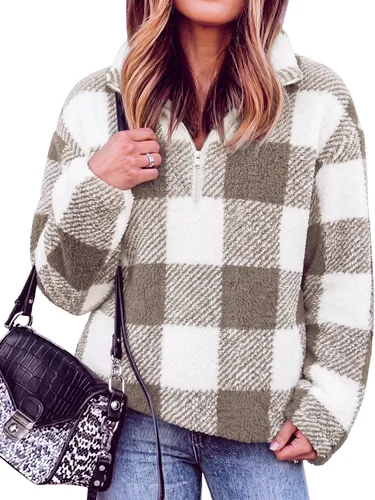 Vista 16 de BTFBM - Suéter sin botones de sherpa con capucha para mujer, con 1/4 de cremallera y manga larga, suave y mullida, de vellón Azul