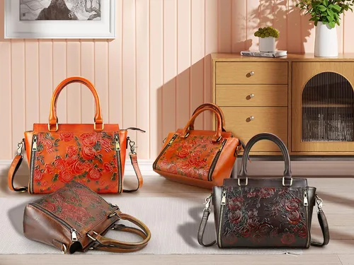 Vista 9 de Bolso y bolsos de mano para mujer, de cuero, con asa de mano, tamaño mediano, color rosa