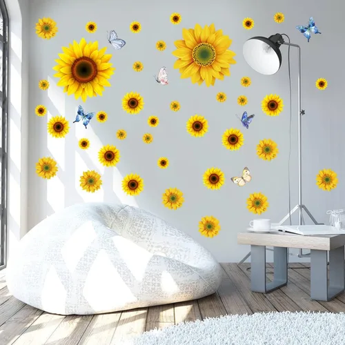 Vista 3 de Calcomanías de pared de girasol con mariposa 3D, calcomanías de pared de flores amarillas extraíbles, impermeables, decoración de girasol, mural