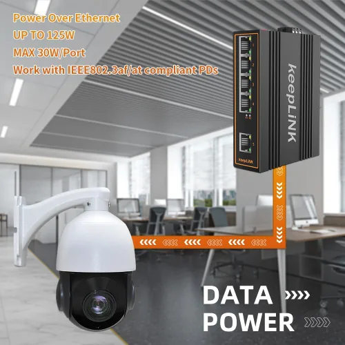 Vista 3 de Interruptor PoE industrial de 5 puertos no gestionado, interruptor de riel DIN Fast Ethernet de 125 W, IP40, rango de temperatura de funcionamiento
