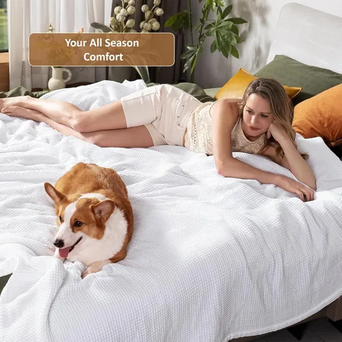Vista 5 de ARlinen Manta 100% de algodón Tencel, ligera, transpirable, suave para todas las estaciones, para sofá, perfecta para personas que duermen con Blanco