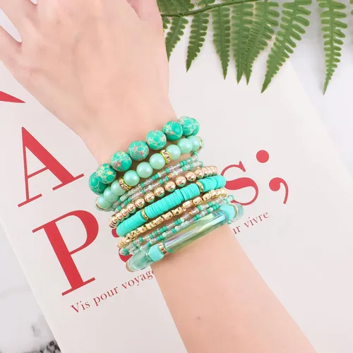 Vista 4 de Pulseras bohemias de cuentas de turquesa para mujer, 10 unidades, apilables, de piedra natural, elásticas, de varias capas, juego de pulseras