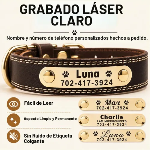 Vista 3 de Collar de cuero para perro personalizado con placa de nombre grabable - Collar con etiqueta de identificación duradera - Collar para perro