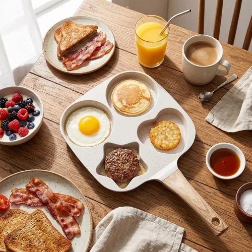Vista 3 de Sartén para huevos de 4 tazas, cocina de hamburguesas para panqueques de huevo, fácil desayuno, olla antiadherente de aleación de aluminio con mango