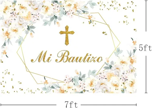 Vista 3 de AIBIIN Telón de fondo Mi Bautizo de 7 x 5 pies para niña, diseño floral amarillo y blanco, para fotografía de bautismo, puntos dorados