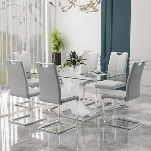 Vista 10 de Juego de comedor moderno de vidrio de lujo de 5 piezas, juego de cena rectangular minimalista grande para 4, juego de mesa de cocina de vidrio