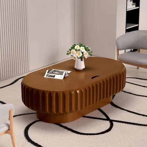 Vista 6 de Mesa auxiliar ovalada con almacenamiento, mesa de centro moderna acanalada de 43.3 pulgadas con tapa extraíble para sala de estar, mesa central