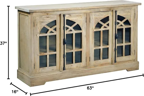 Vista 2 de Sunset Trading Vitrina de madera maciza Credenza con puerta de vidrio arqueada Servidor de buffet totalmente ensamblado, 63 pulgadas de ancho