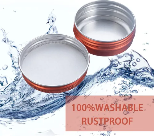 Vista 4 de Recipiente de aluminio de 1 oz / 30ml con tapa de rosca y etiquetas en blanco (Naranja - Paquete de 32) Secure Packaging, Tight Screw Lids