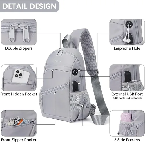 Vista 5 de BOSTANTEN Bolso bandolera para mujeres y hombres, bolso cruzado ligero para mujer, bolsa de hombro para viajes, senderismo, con puerto de carga USB