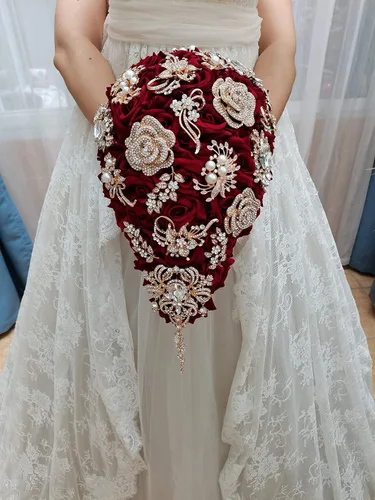 Vista 6 de YIFUwedding - Ramo de gota de agua para novia, color rojo vino, azul marino, propuesta de joyería de lujo, para dama de honor, novio, ramillete