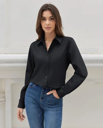 Vista 3 de siliteelon Camisas con botones para mujer, camisa de vestir de algodón de manga larga con cuello, camisa de negocios, trabajo, oficina, blusa