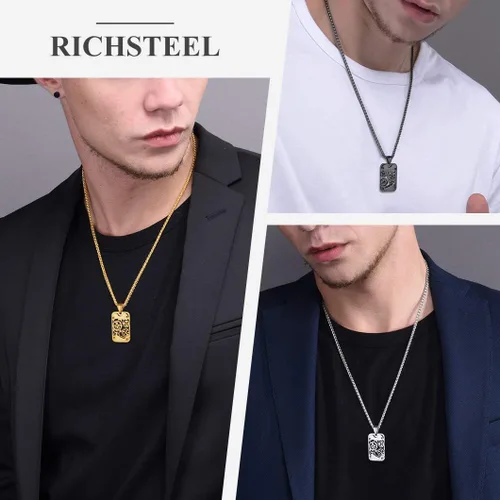 Vista 4 de Richsteel - Placa de identificación estilo Hip Hop militar para collar, fibra de carbón, colgante de bibliabala, para mujeres y hombres joya