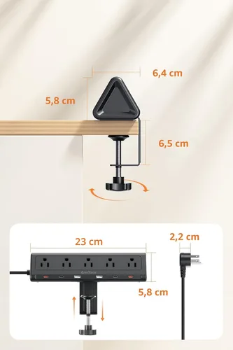 Vista 7 de Regleta de alimentación con abrazadera de escritorio de 6.5 pies con 5 salidas de CA y 6 puertos USB PD de 40 W USB-C de carga rápida, cable de Negro