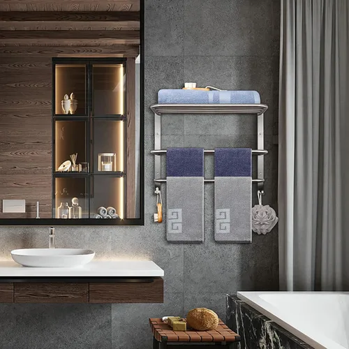 Vista 8 de NearMoon Toallero de baño, toallero de 3 niveles con ganchos, colgador de toallas de acero inoxidable SUS304, almacenamiento de toallas montado