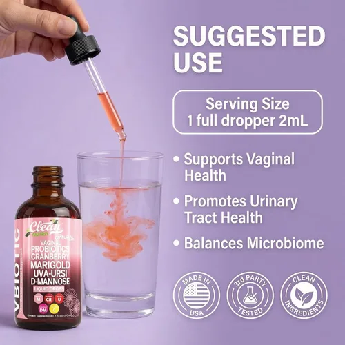 Vista 6 de Clean Nutraceuticals VBiotic - Probiótico vaginal para mujer, gotas líquidas Cranberry Uva Ursi Cola de caballo D-Manosa Prebióticos Caléndula