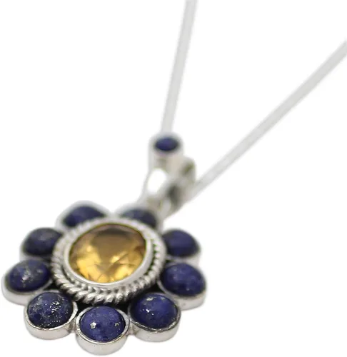 Vista 3 de NOVICA Collar hecho a mano con colgante de plata de ley 925, lapislázuli, citrino, lapiz, india, piedra natal floral amarilla 'Sunny Blue', Piedra