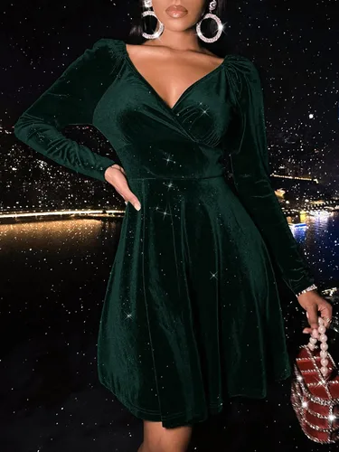 Vista 2 de Sexyasasii Vestido corto de terciopelo con cuello en V y manga larga para mujer, con brillantina, línea A, para cóctel, fiesta, swing y acampanado