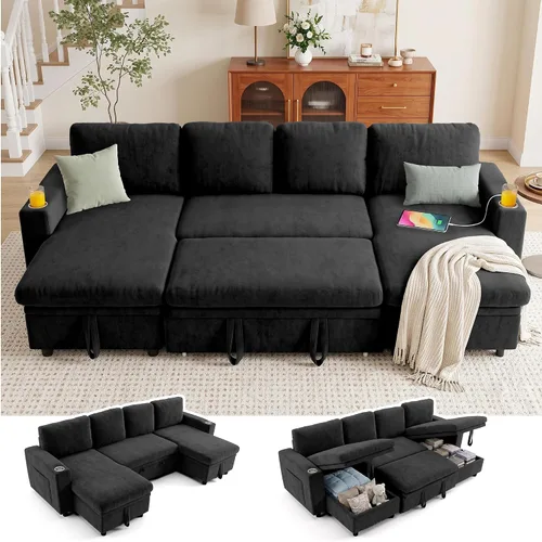 Vista 13 de Sofá cama seccional en forma de L con cama extraíble, 7 asientos Gris