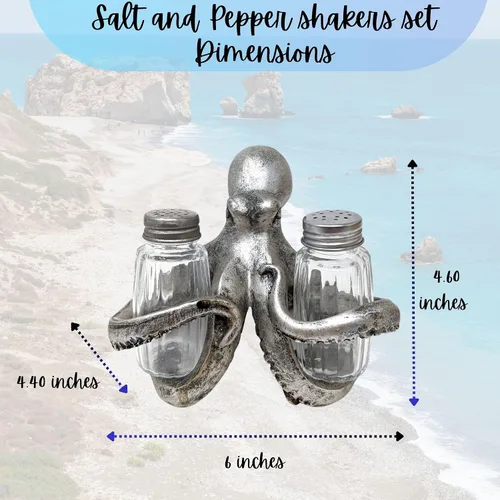 Vista 3 de BestGiftEver Juego de salero y pimentero náutico con soporte de pulpo plateado, decoración temática de playa, para entusiastas de la decoración
