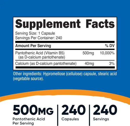 Vista 2 de Nutricost Ácido pantoténico (vitamina B5) 500 mg, 240 cápsulas (2 botellas)